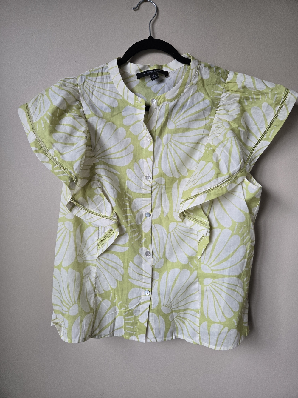 Marc New York Lime Green and White Floral Ruffle Button-Front Blouse